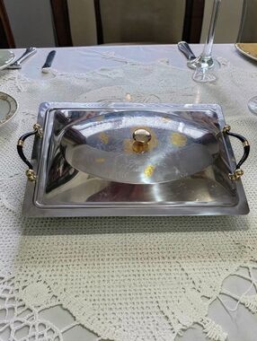 INOX Gedis Stainless Steel 18/10 24 kt Gold Italy Serving Tray W/ Lid & Handles